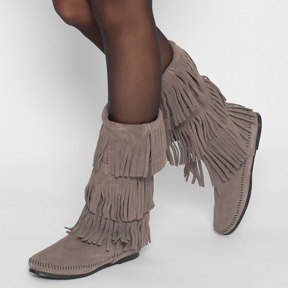 Minnetonka 3-Layer Soft Suede Fringe Boot Grey Size 6 - Picture 2 of 14